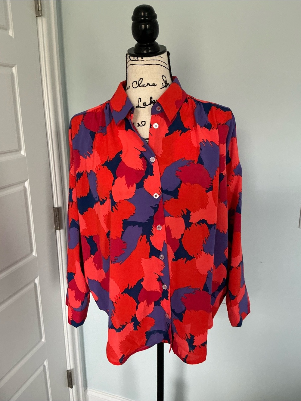 Vibrant Red & Purple Printed Button-Up Blouse